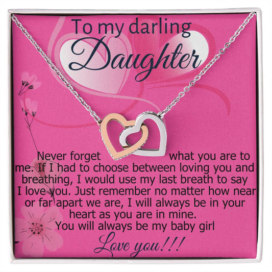 Necklace with message card (Interlocking Hearts pendant White and  Yellow Gold) Roseatte Series - To My Darling Daughter!