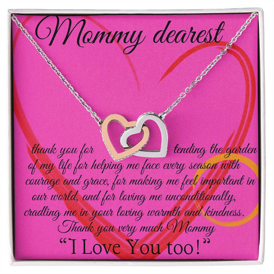 Necklace with message card (Interlocking Hearts pendant White and Yellow Gold) - Mommy Dearest!