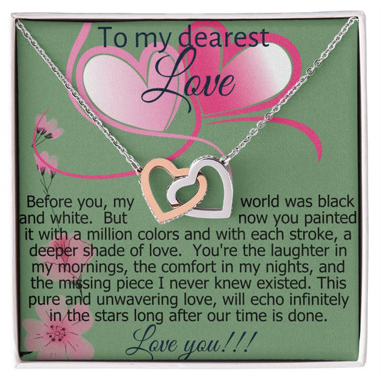 Necklace with message card (Interlocking Hearts pendant White and  Yellow Gold) Pink and Rose Series - To My Darling Daughter!