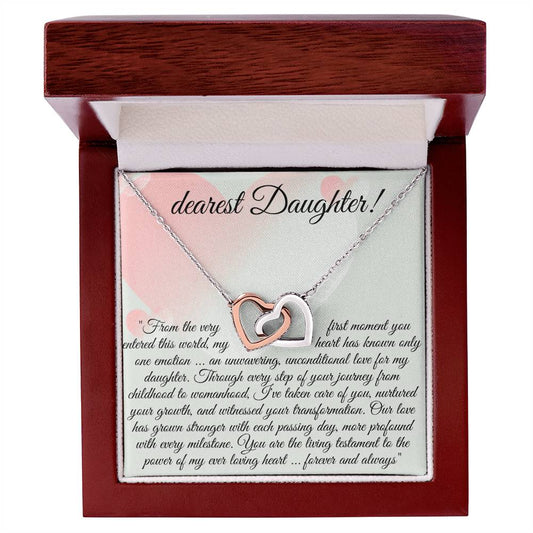 Necklace with message card (Interlocking Hearts pendant White and Yellow Gold) Comforting Pastel - Dearest Daughter!