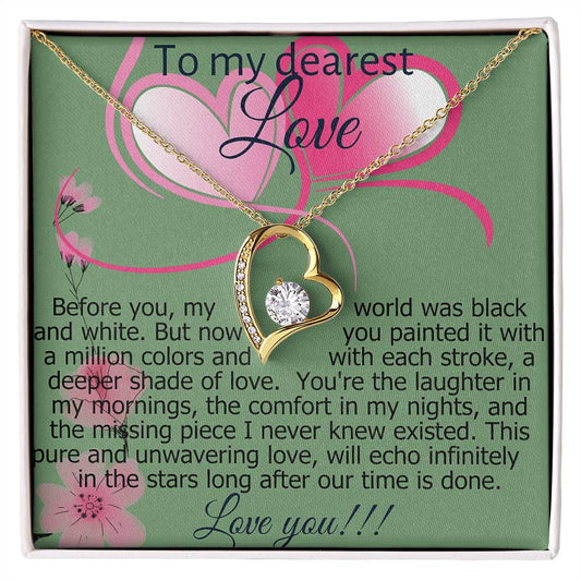 Necklace with message card (Forever Love pendant White and  Yellow Gold) Pink and Rose Series - To My Darling Daughter!